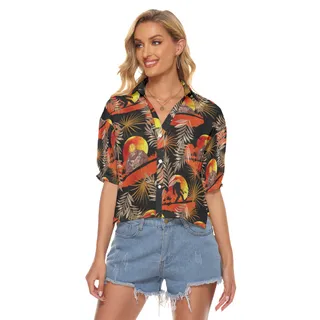 Funny Bigfoot Iron Worker Orange Hawaiian Crop Top Shirt For Women