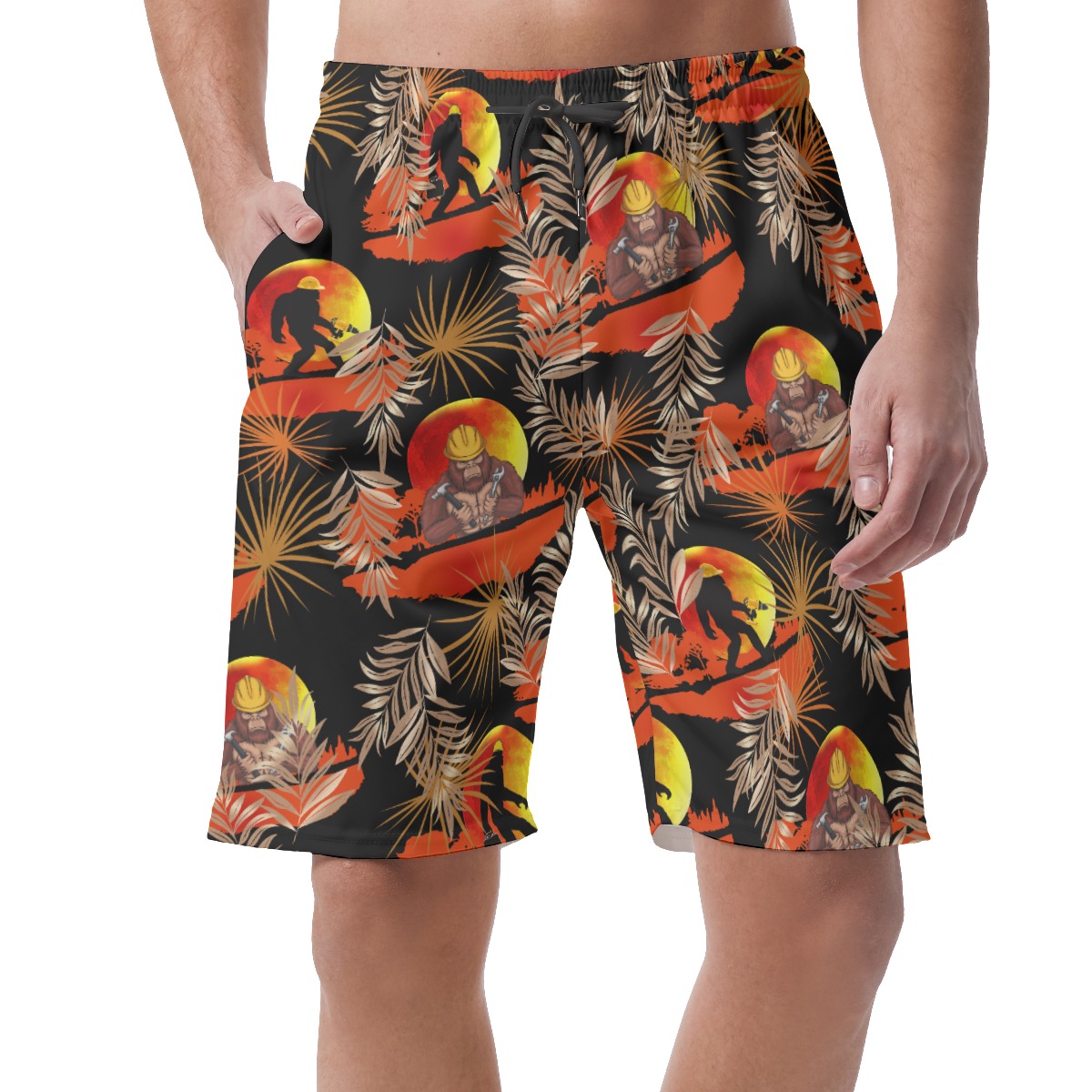 Funny Bigfoot Iron Worker Orange Hawaiian Beach Shorts For Men - variant image 1