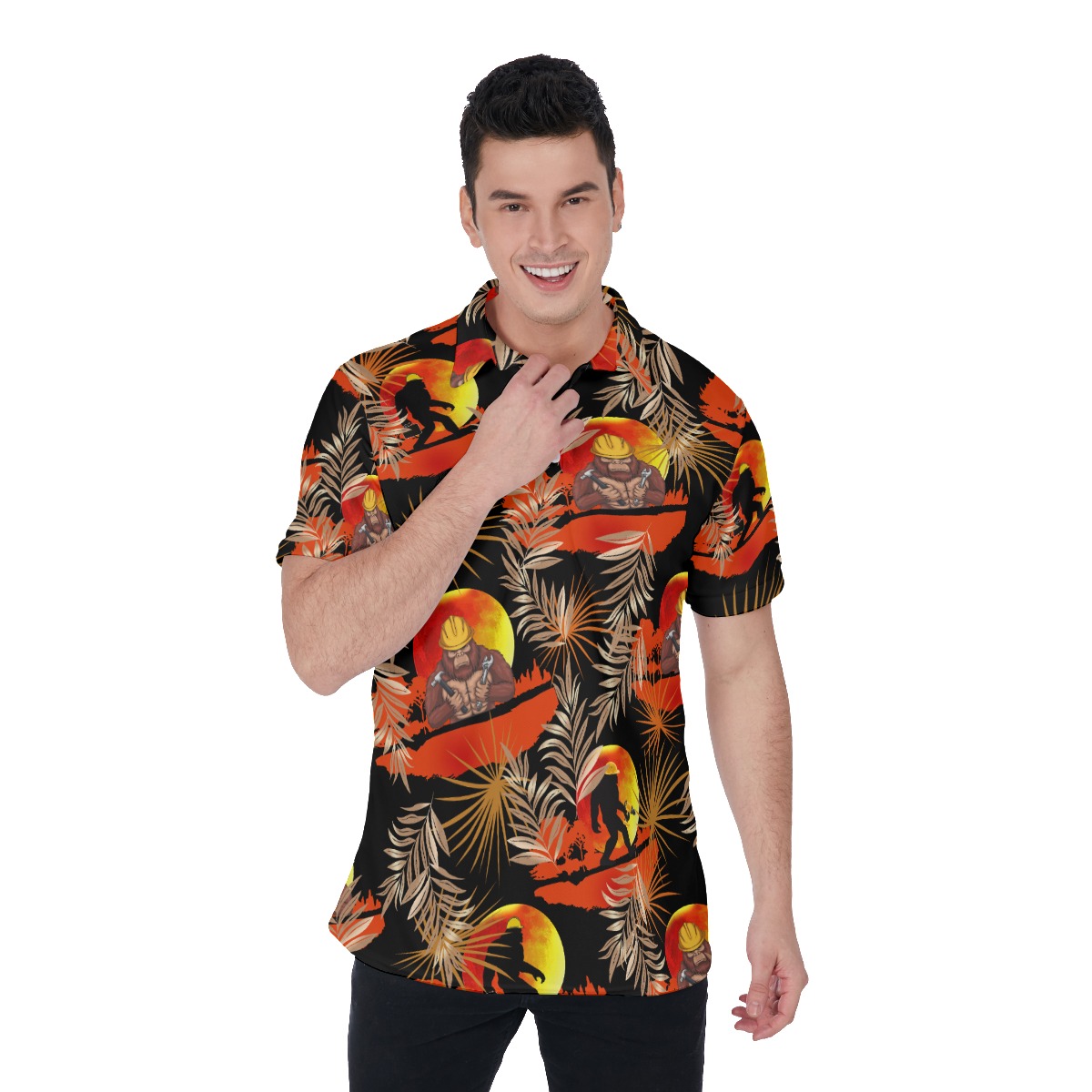 Tropical Bigfoot Construction Hawaiian Polo Shirt - variant image 1