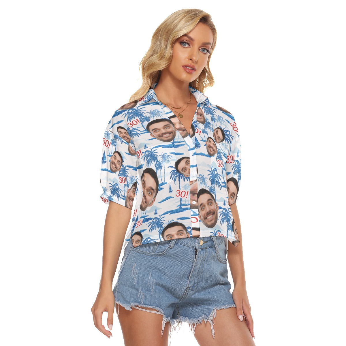 Funny Custom Face Birthday Hawaiian Cropped Shirt For Women