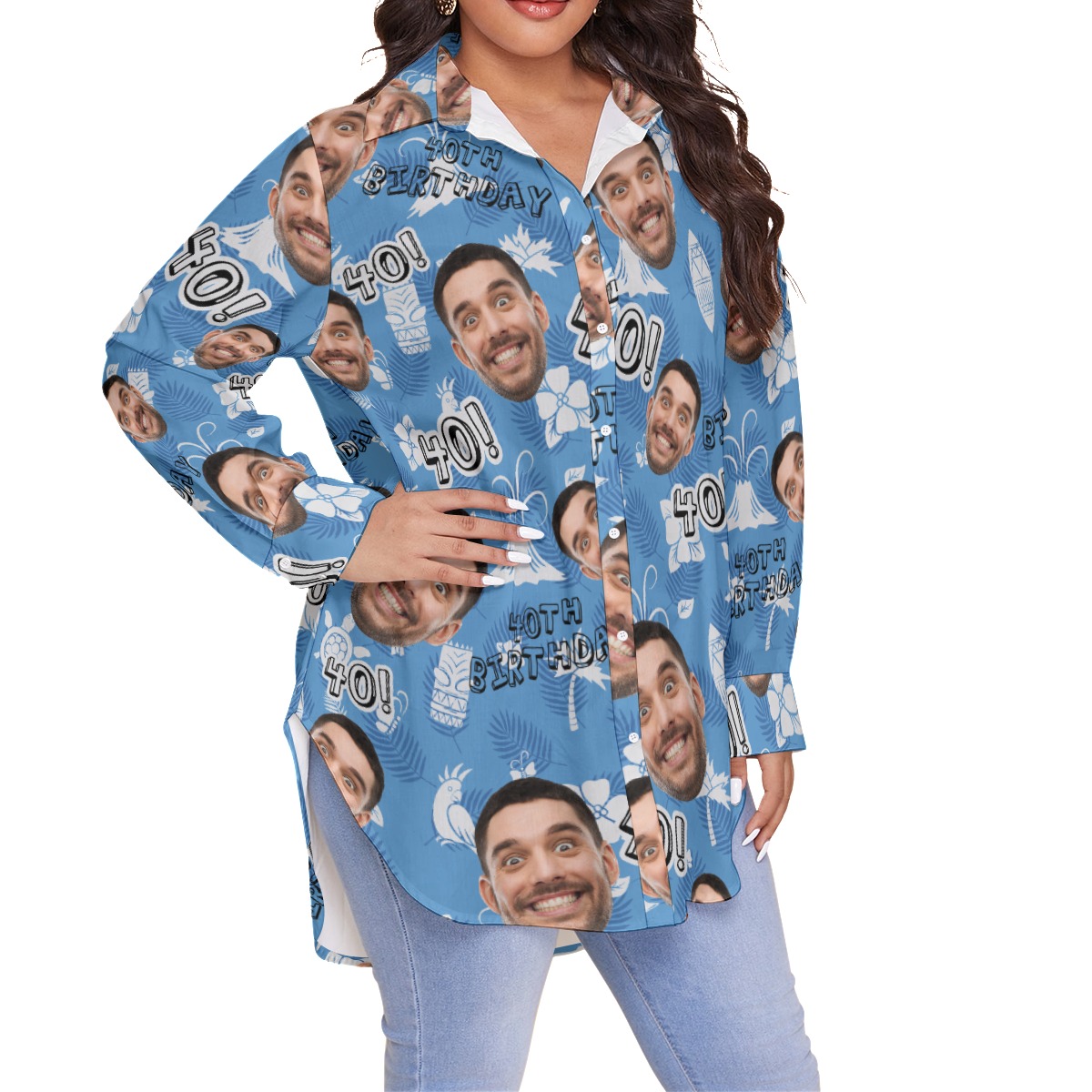 Custom Face Birthday Vintage Blue Hawaiian Plus Size Shirt For Women