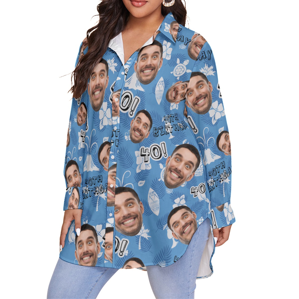 Custom Face Birthday Vintage Blue Hawaiian Plus Size Shirt For Women