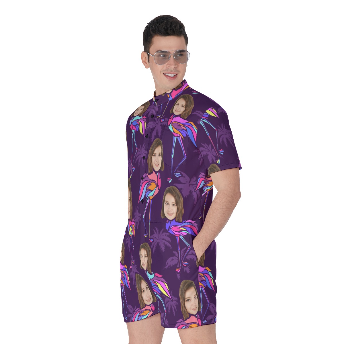 Funny Custom Face With Flamingo Men's Hawaiian Romper