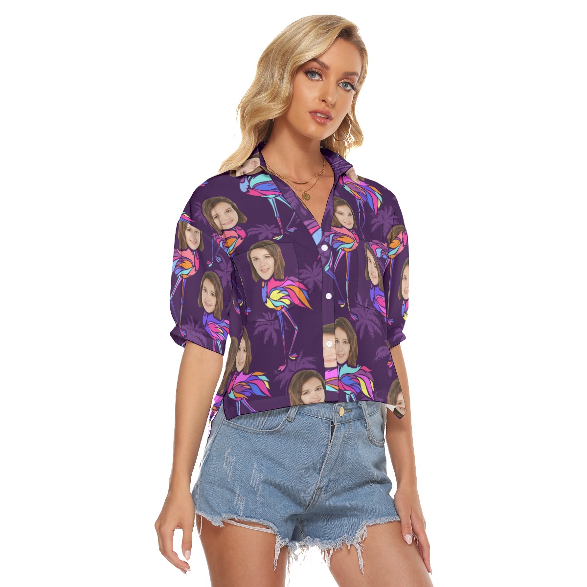Funny Custom Face Flamingo Women's Hawaiian Crop Top Shirt