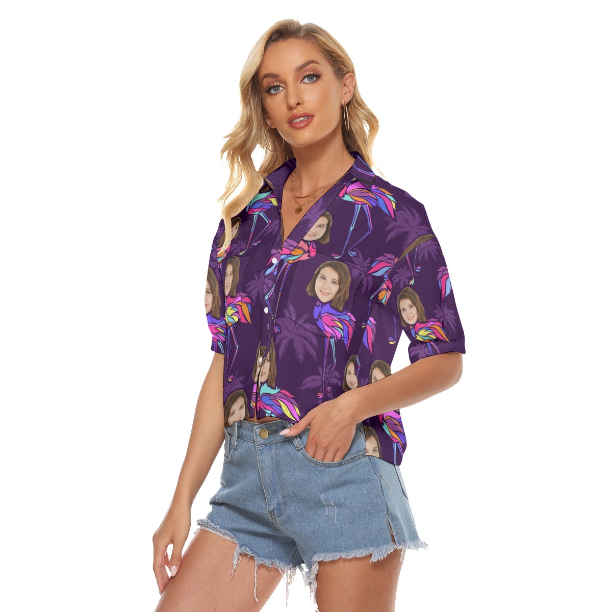 Funny Custom Face Flamingo Women's Hawaiian Crop Top Shirt