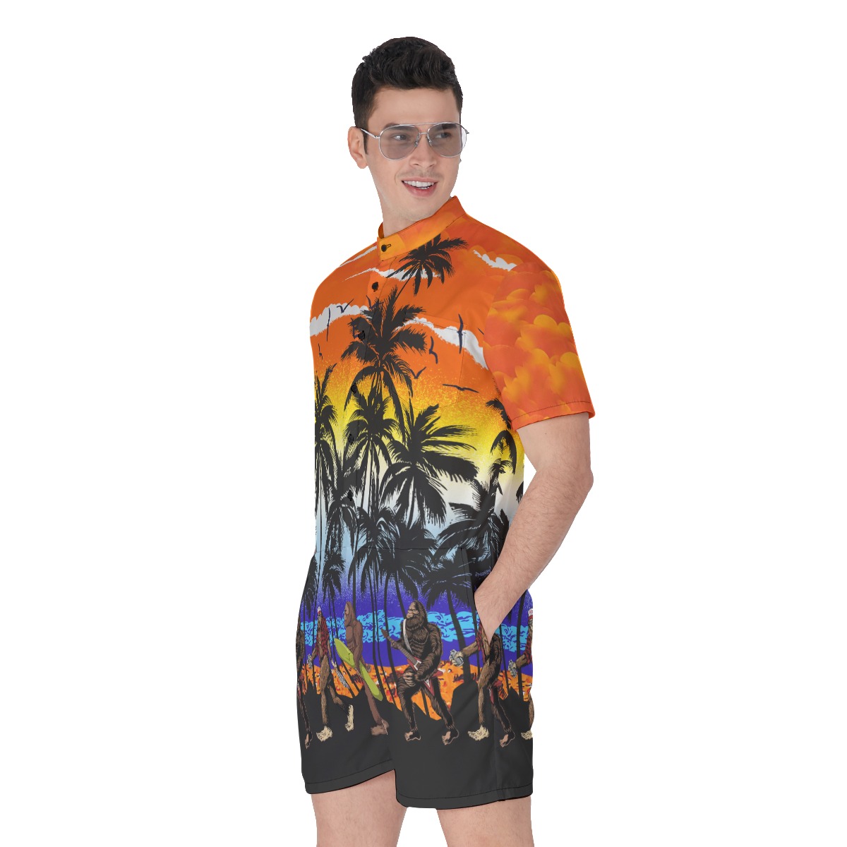 Funny Bigfoot Beach Theme Men's Hawaiian Romper