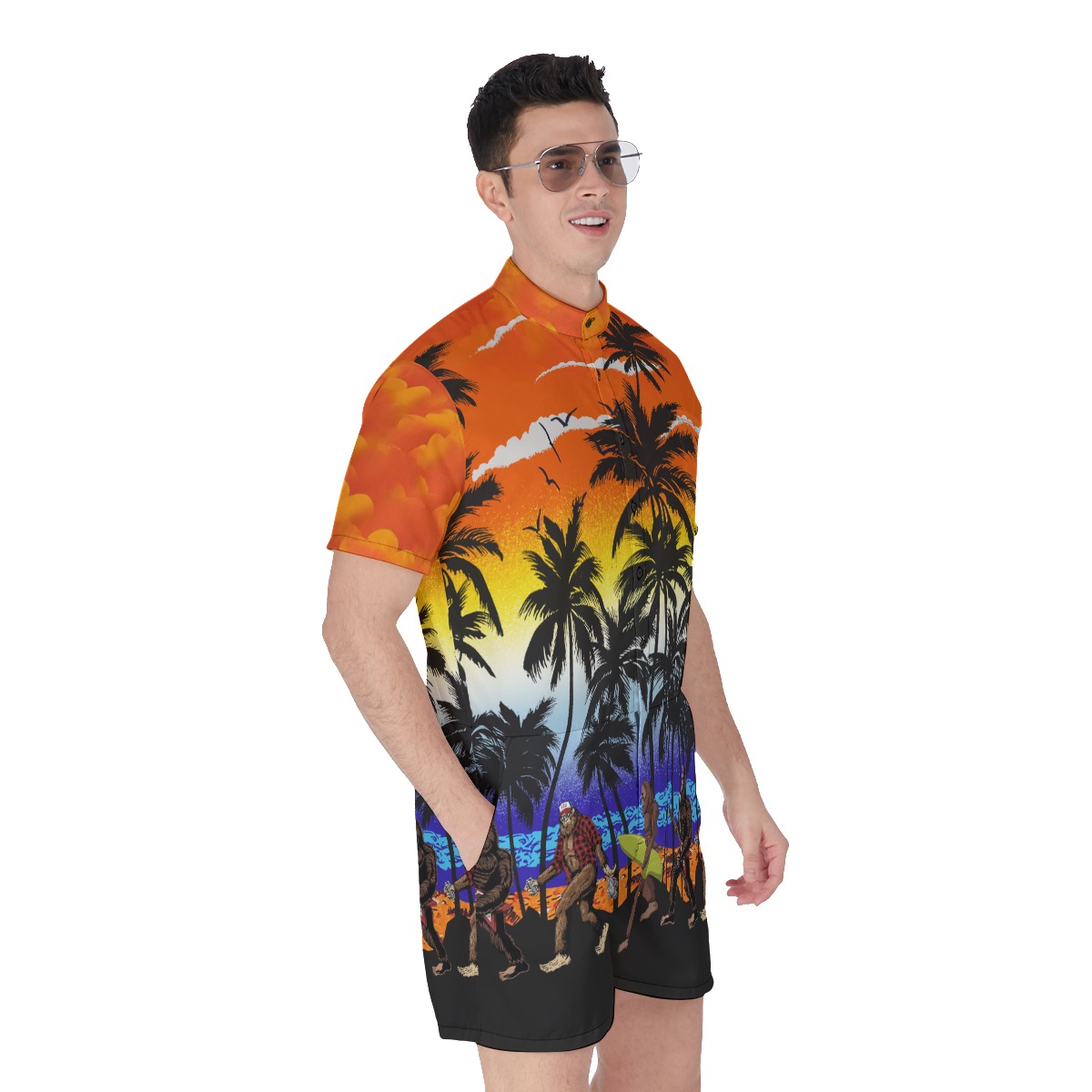Funny Bigfoot Beach Theme Men's Hawaiian Romper