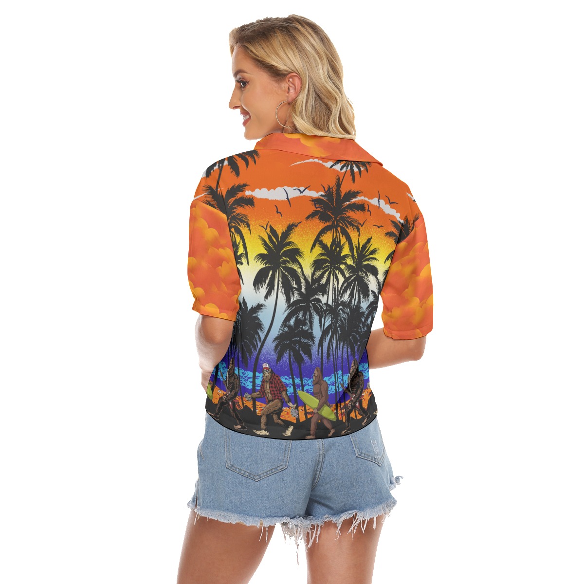 Cool Bigfoot On Beach Aloha Cropped Shirt For Women