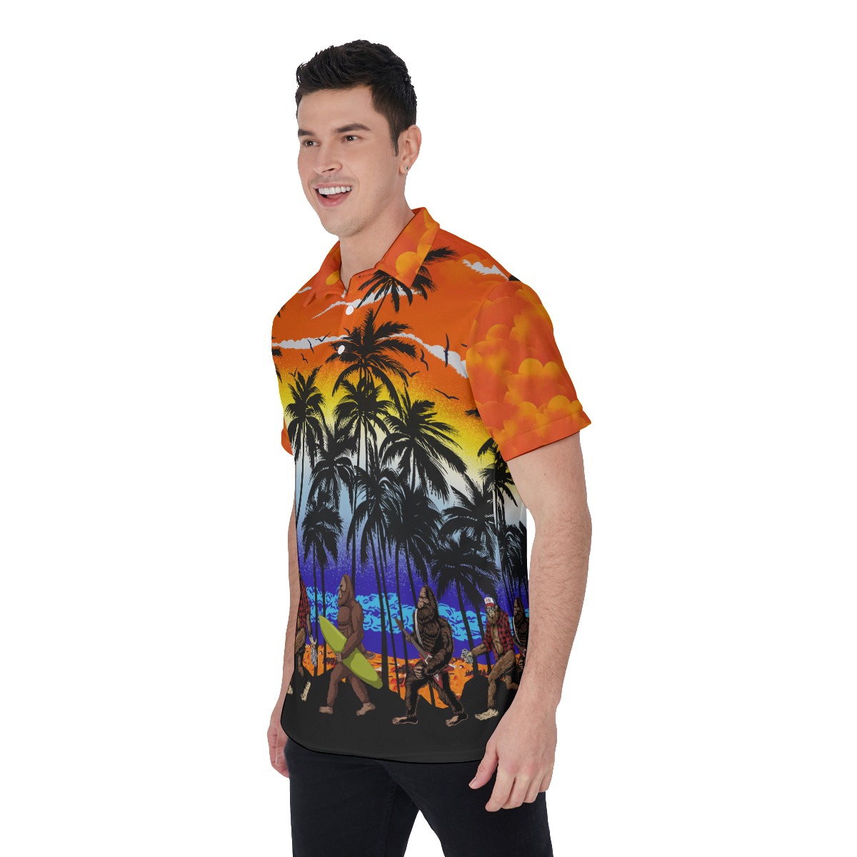 Funny Bigfoot On Beach Hawaiian Polo Shirt For Men