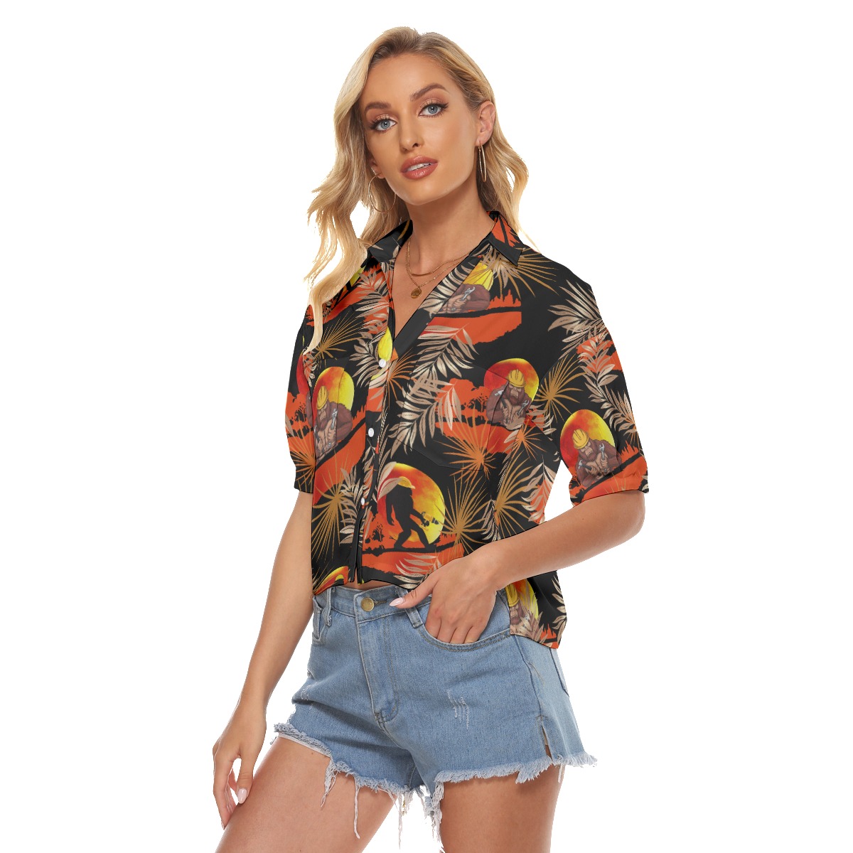 Funny Bigfoot Iron Worker Orange Hawaiian Crop Top Shirt For Women
