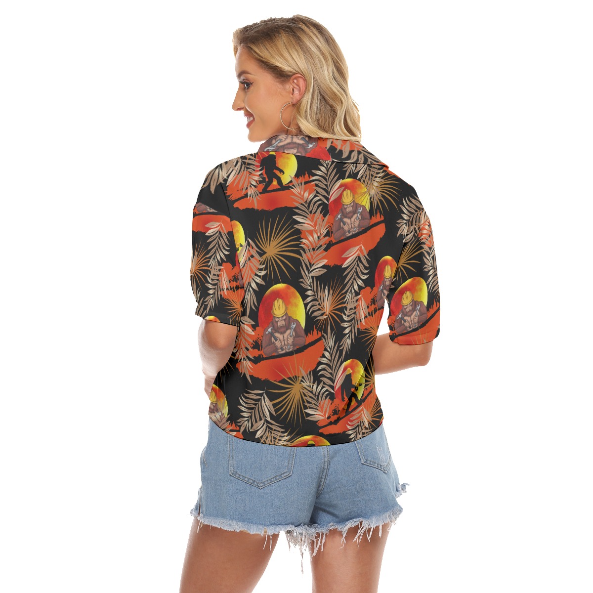 Funny Bigfoot Iron Worker Orange Hawaiian Crop Top Shirt For Women