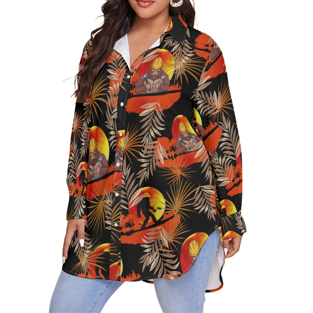 Funny Bigfoot Worker Tropical Hawaiian Plus Size Shirt For Women