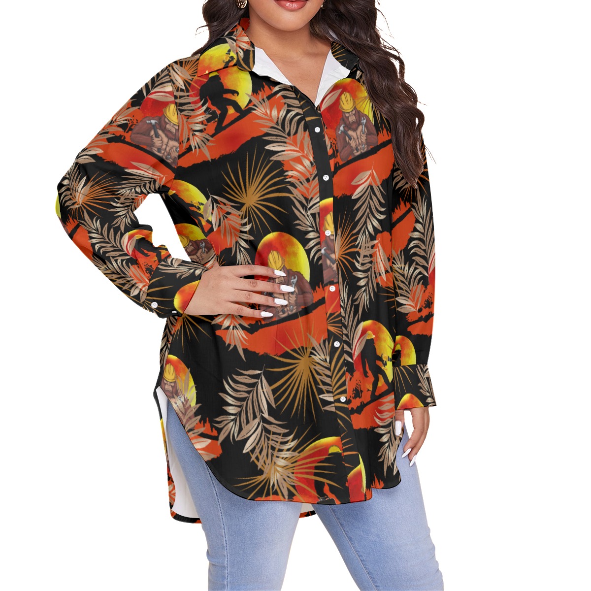 Funny Bigfoot Worker Tropical Hawaiian Plus Size Shirt For Women