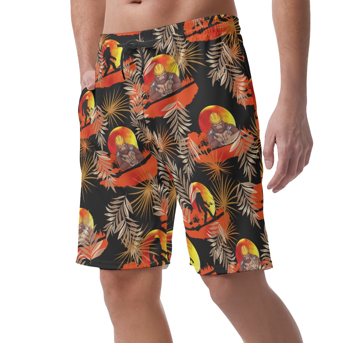 Funny Bigfoot Iron Worker Orange Hawaiian Beach Shorts For Men