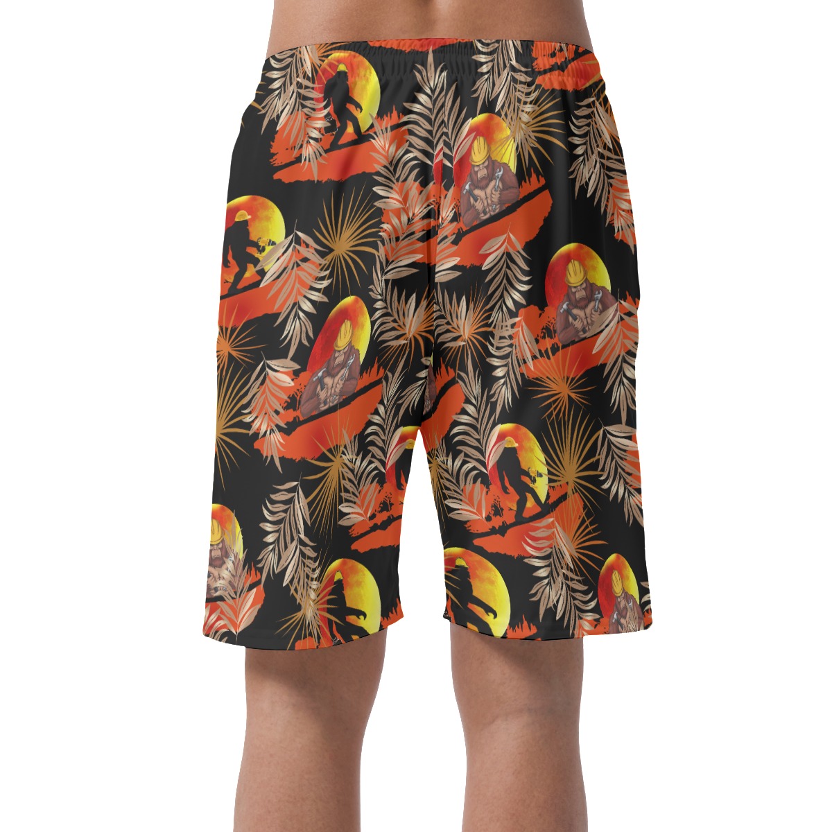 Funny Bigfoot Iron Worker Orange Hawaiian Beach Shorts For Men