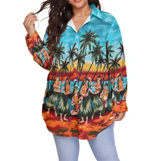 Vintage Women's Aloha Plus Size Shirt With Hula Girls On Beach