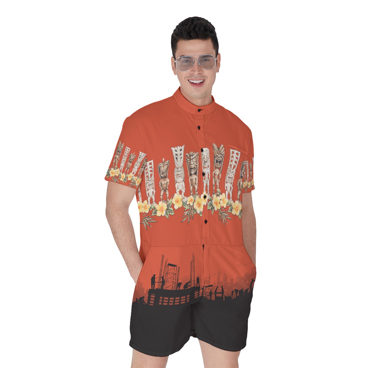 Construction Theme With Tiki Floral Hawaiian Romper For Men - variant image 1