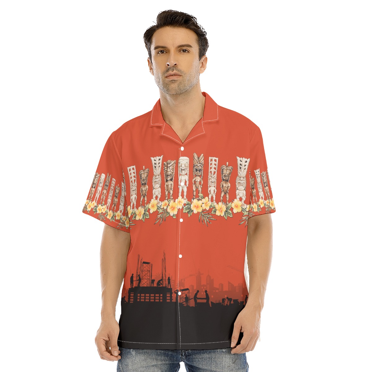 Floral Tiki Construction Hawaiian Shirt For Men - variant image 1