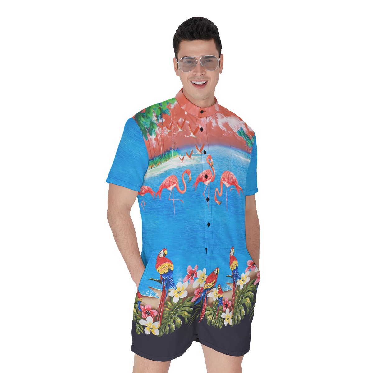 Tropical Flamingo And Parrot Men's Hawaiian Romper - variant image 1