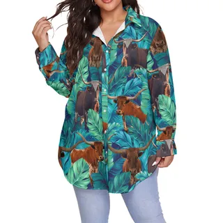 Funny Texas Longhorn Tropical Hawaiian Plus Size Shirt For Women