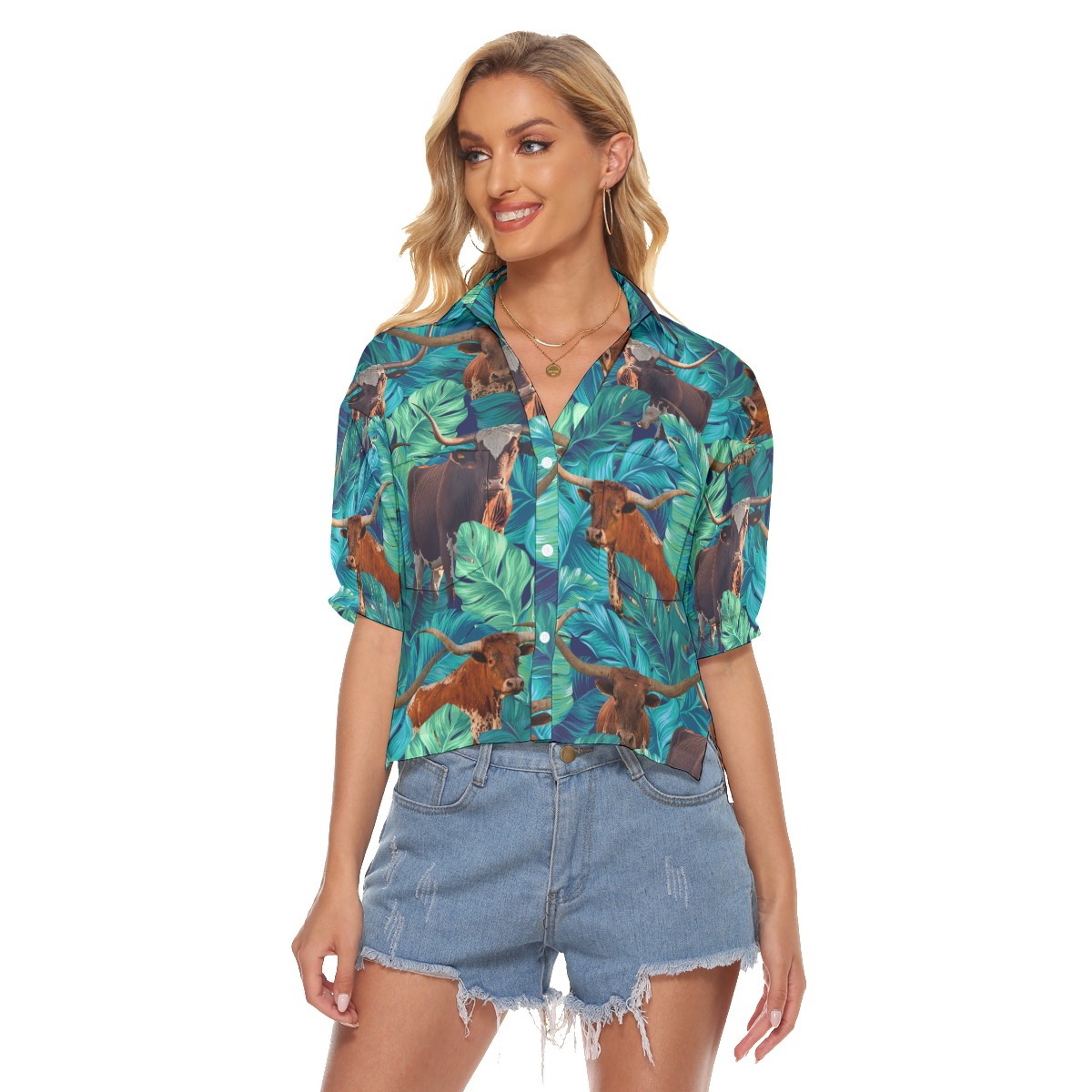 Funny Longhorn Cow Tropical Hawaiian Crop Top Shirt For Women - variant image 1
