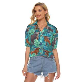 Funny Longhorn Cow Tropical Hawaiian Crop Top Shirt For Women