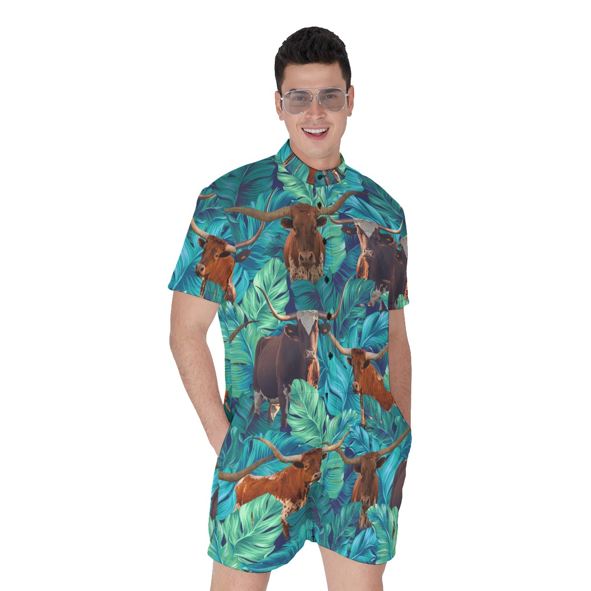 Tropical Longhorn Texas Hawaiian Romper For Men - variant image 1