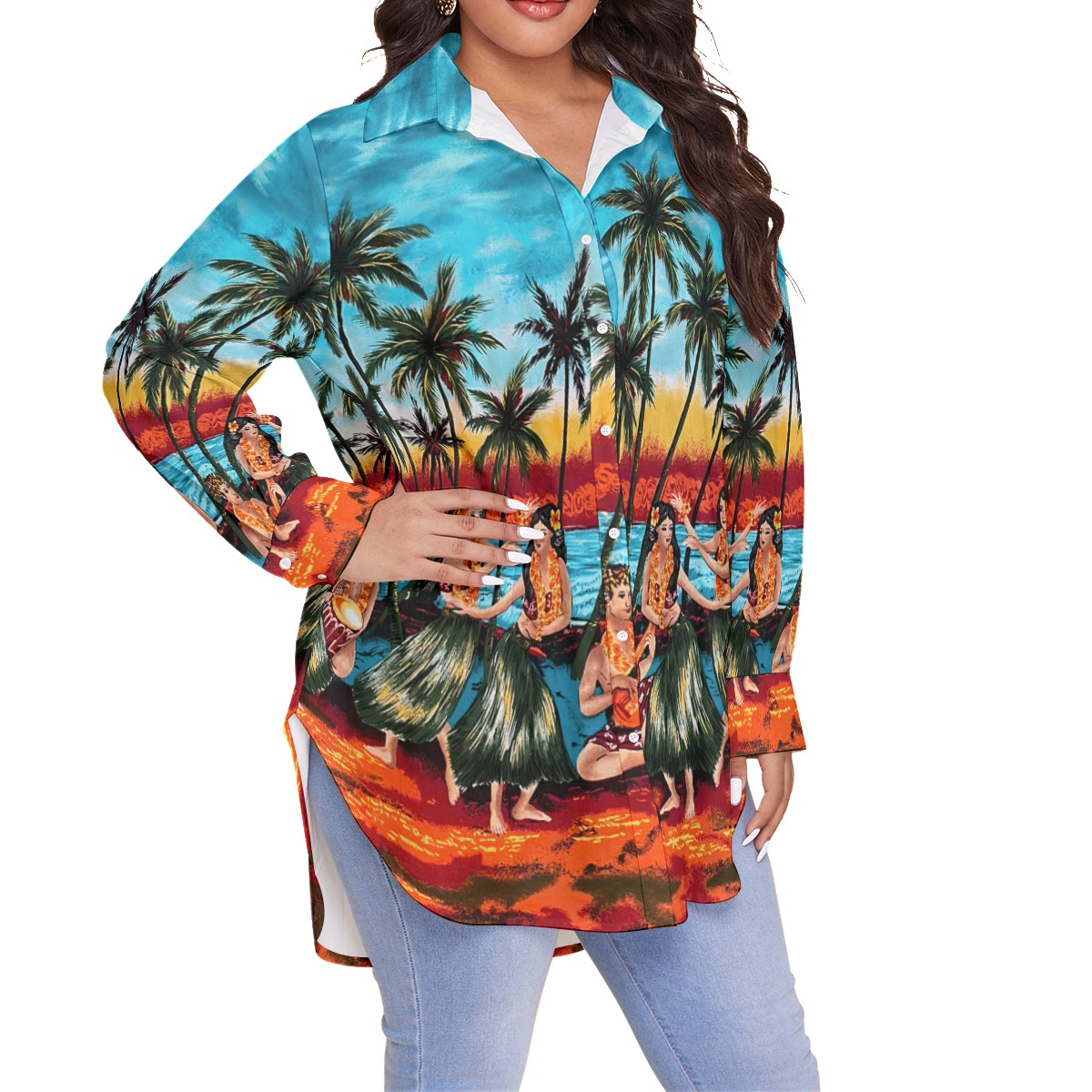 Vintage Women's Aloha Plus Size Shirt With Hula Girls On Beach