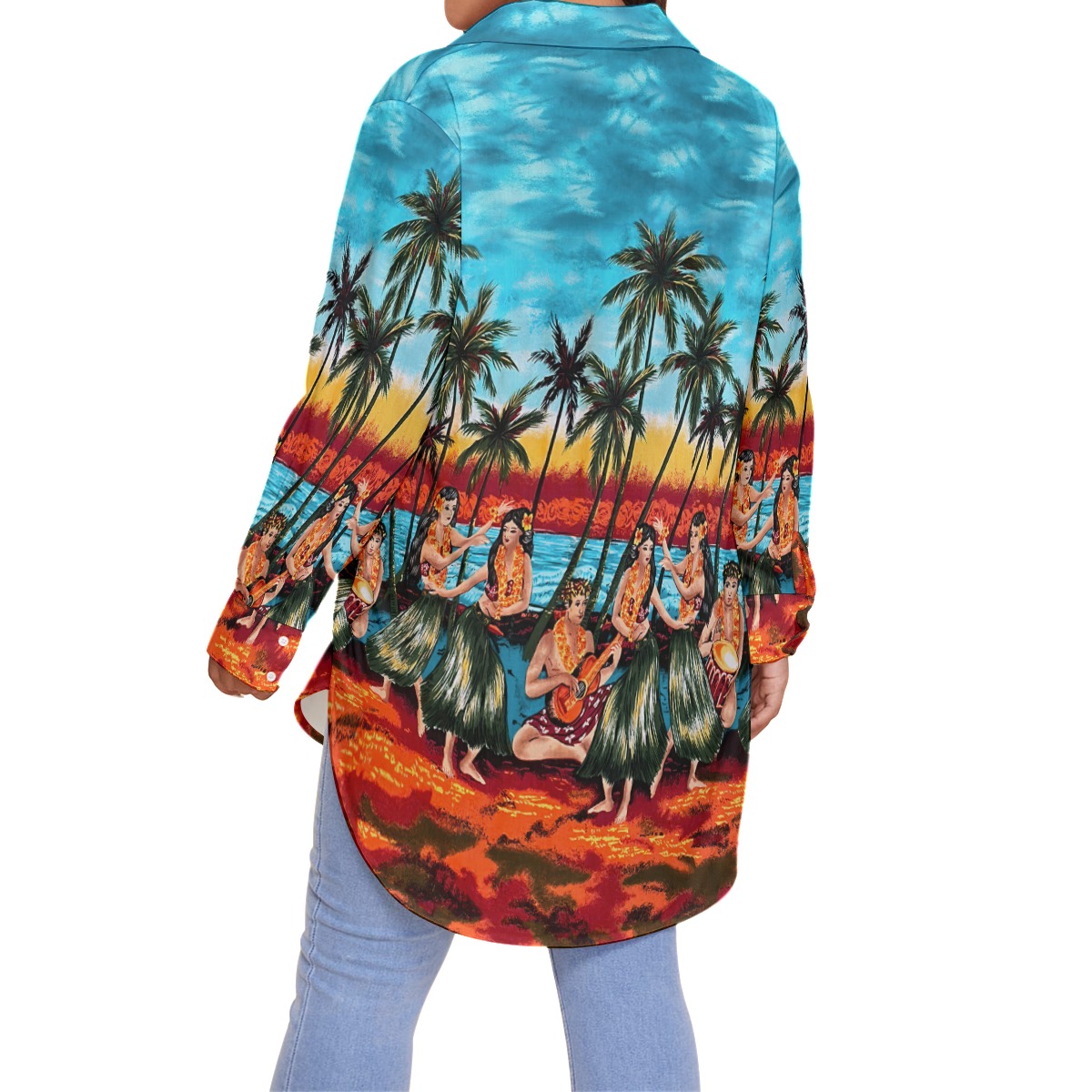 Vintage Women's Aloha Plus Size Shirt With Hula Girls On Beach