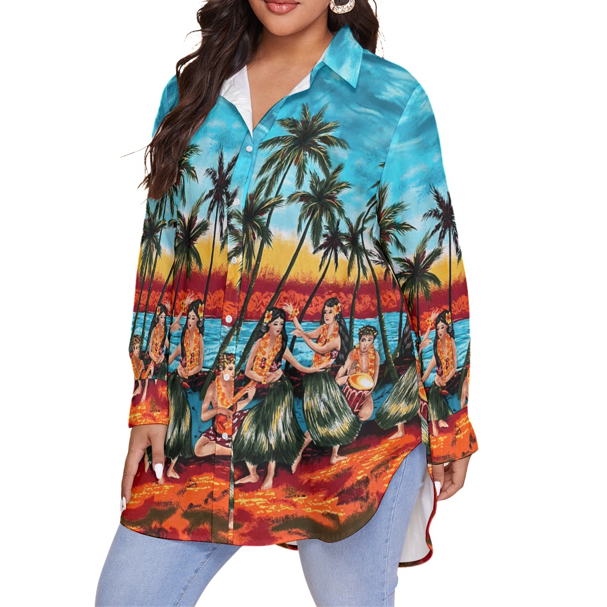 Vintage Women's Aloha Plus Size Shirt With Hula Girls On Beach