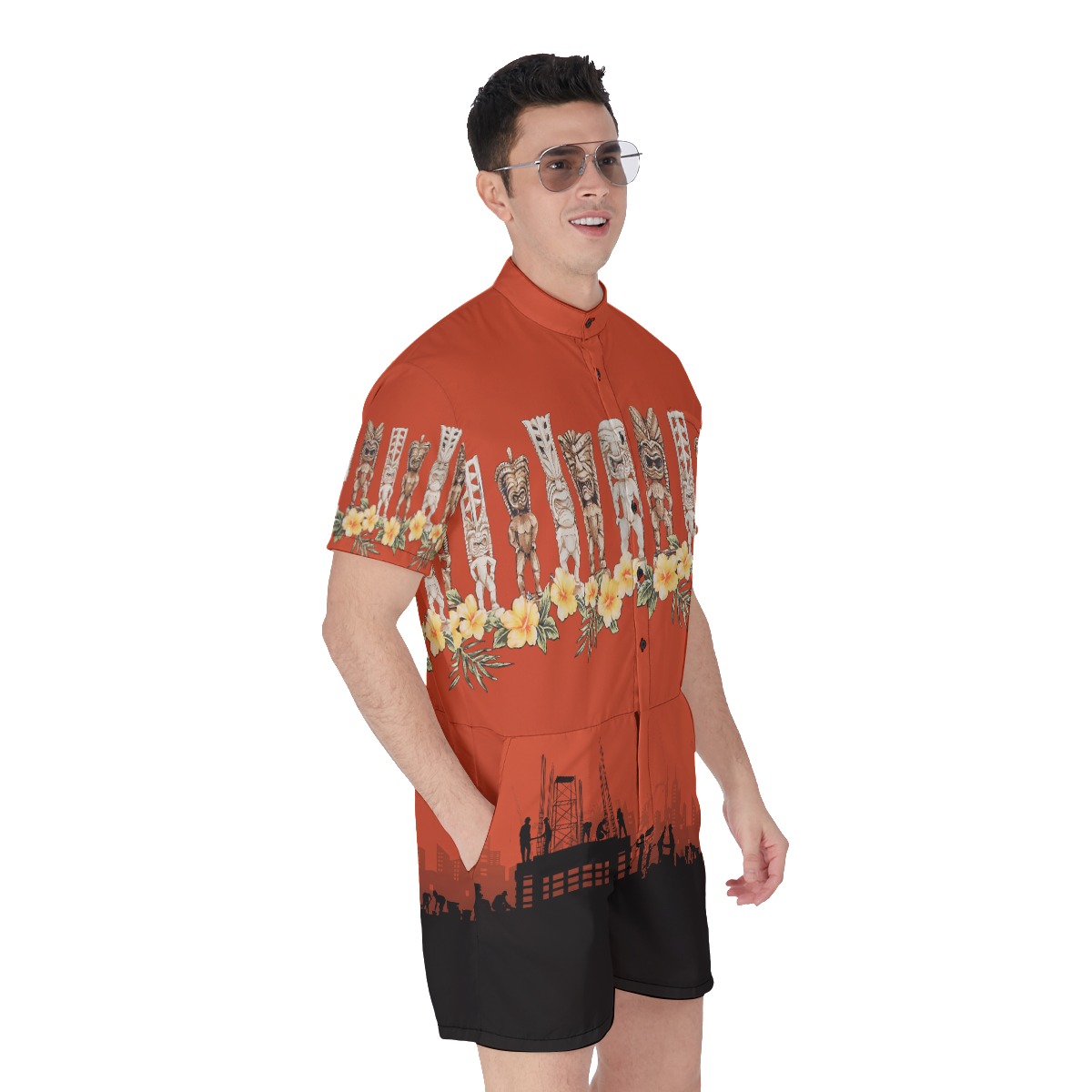 Construction Theme With Tiki Floral Hawaiian Romper For Men
