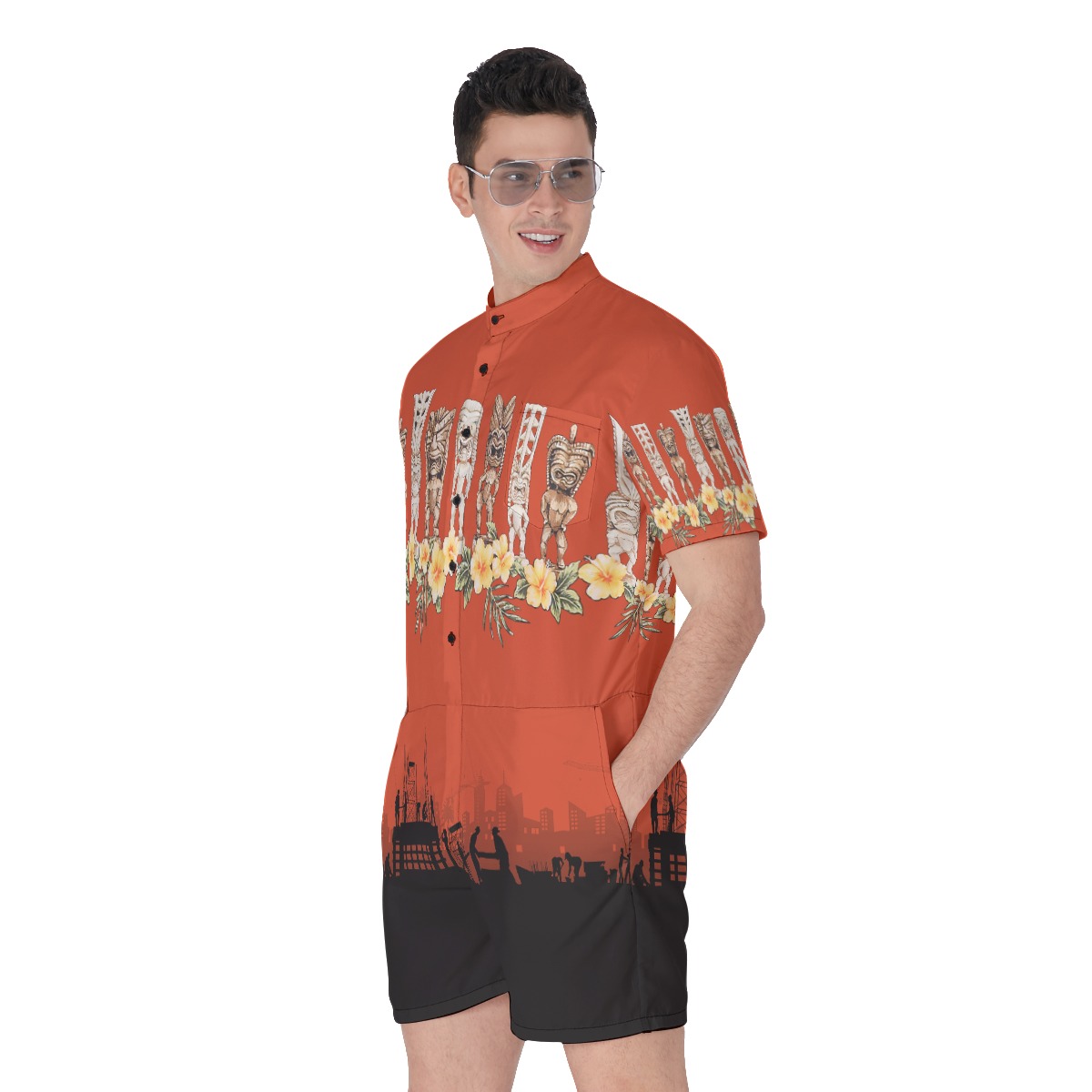 Construction Theme With Tiki Floral Hawaiian Romper For Men