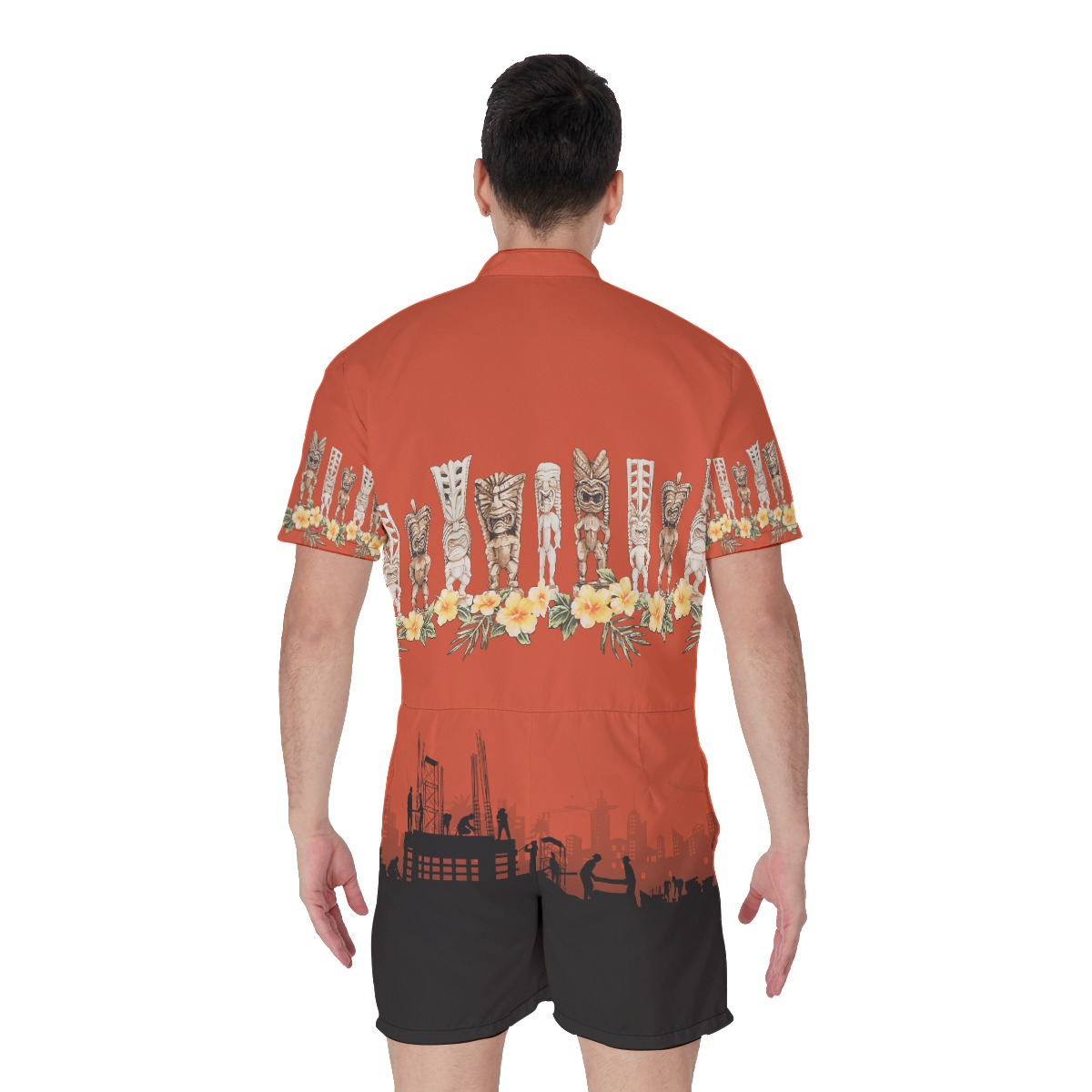 Construction Theme With Tiki Floral Hawaiian Romper For Men