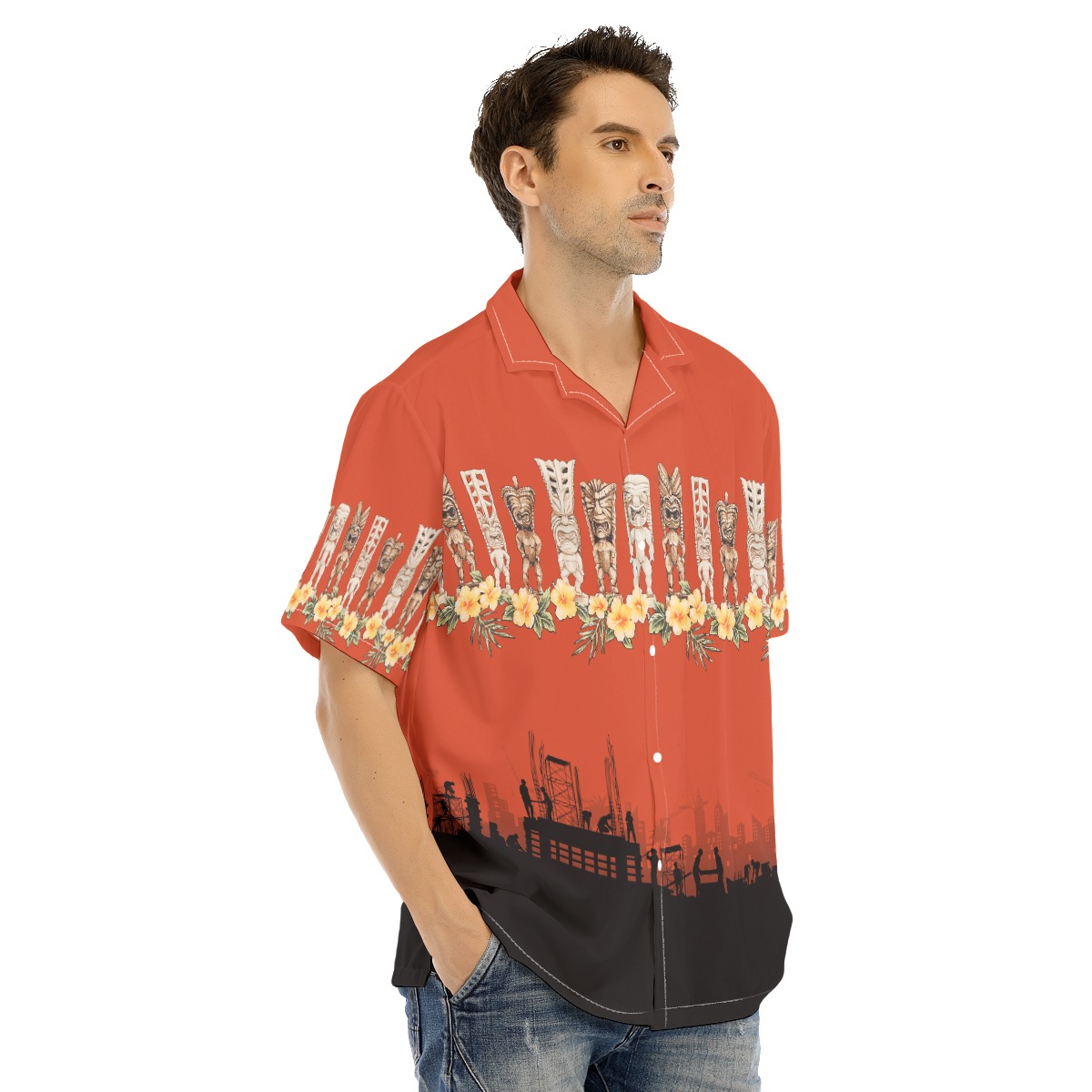 Floral Tiki Construction Hawaiian Shirt For Men