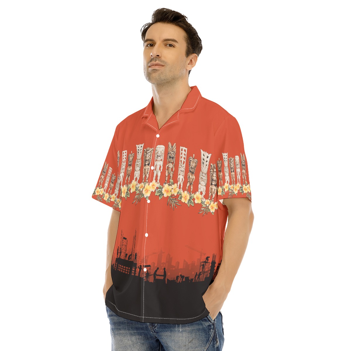 Floral Tiki Construction Hawaiian Shirt For Men