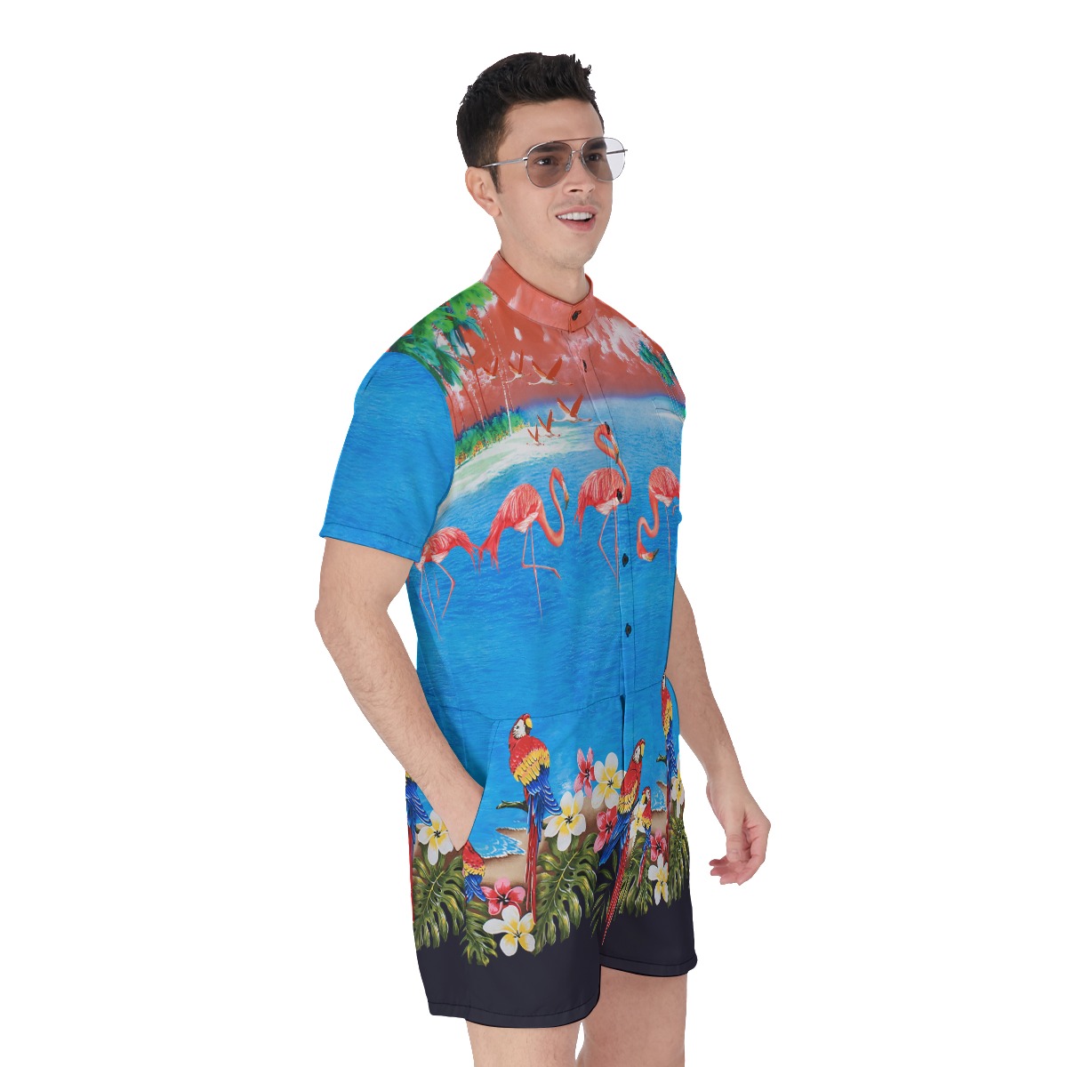 Tropical Flamingo And Parrot Men's Hawaiian Romper