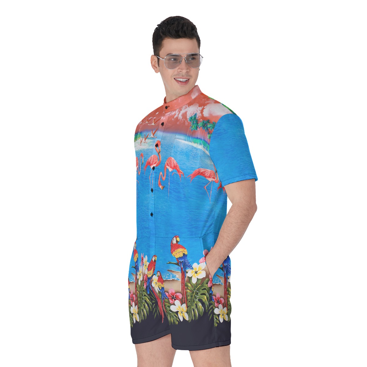 Tropical Flamingo And Parrot Men's Hawaiian Romper