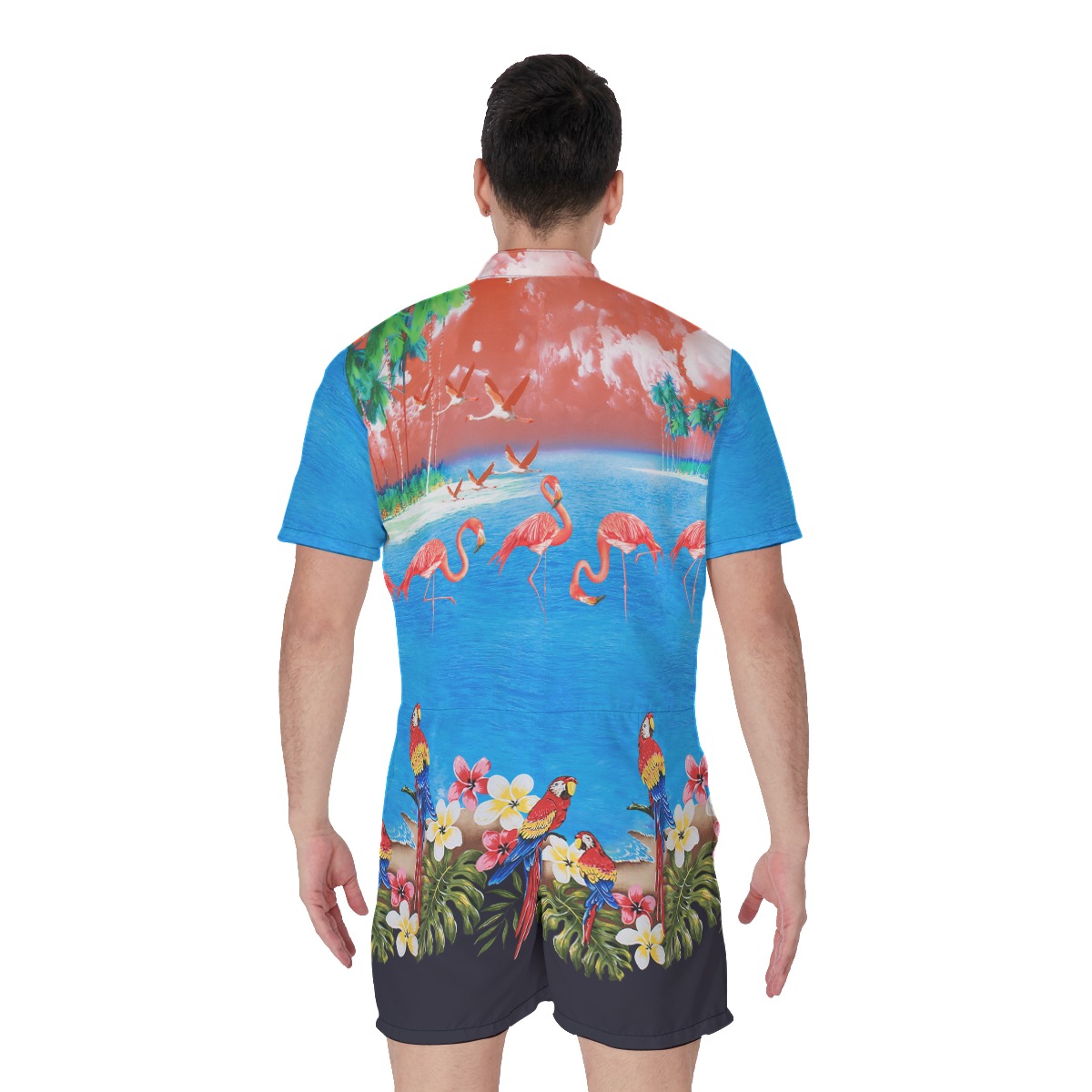 Tropical Flamingo And Parrot Men's Hawaiian Romper