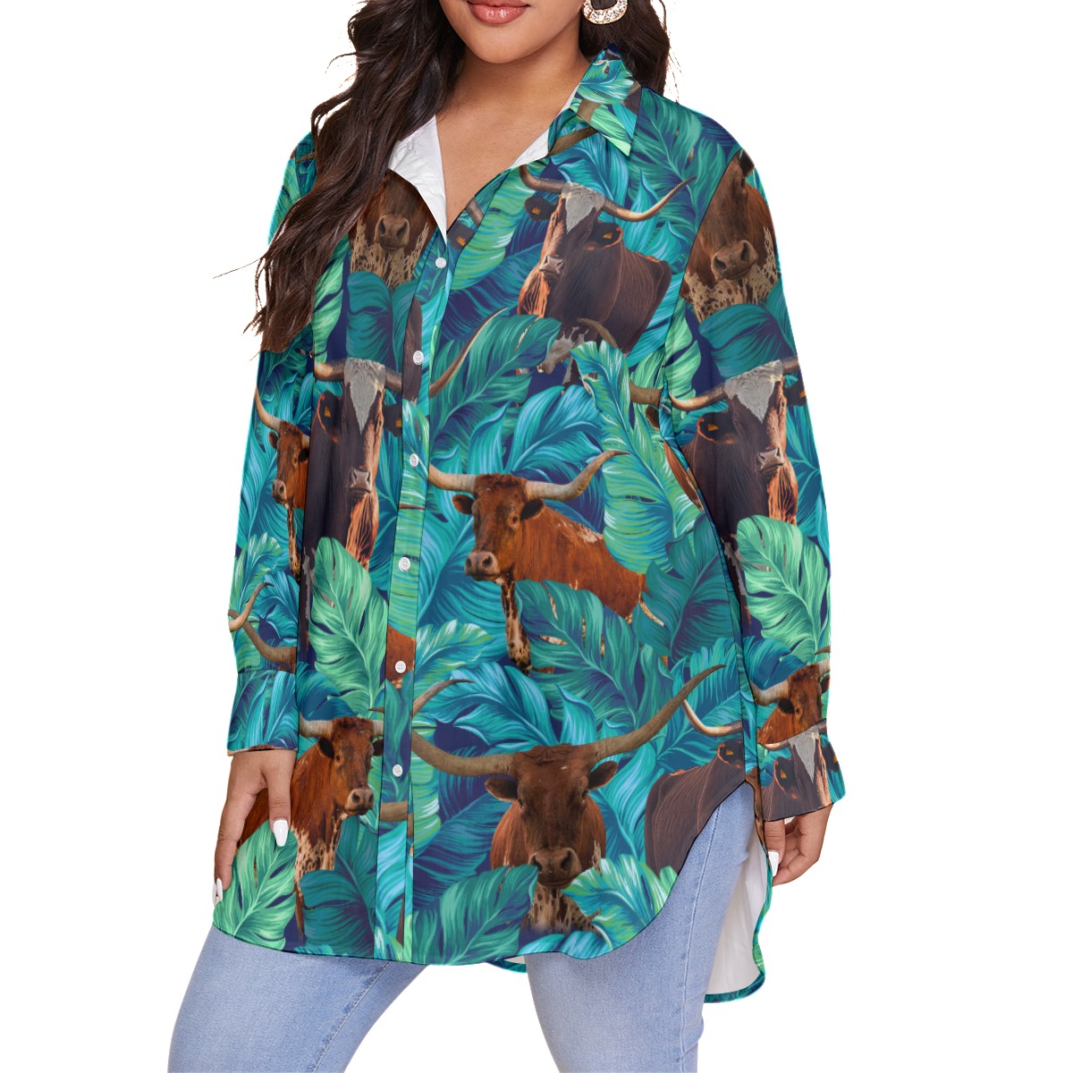 Funny Texas Longhorn Tropical Hawaiian Plus Size Shirt For Women
