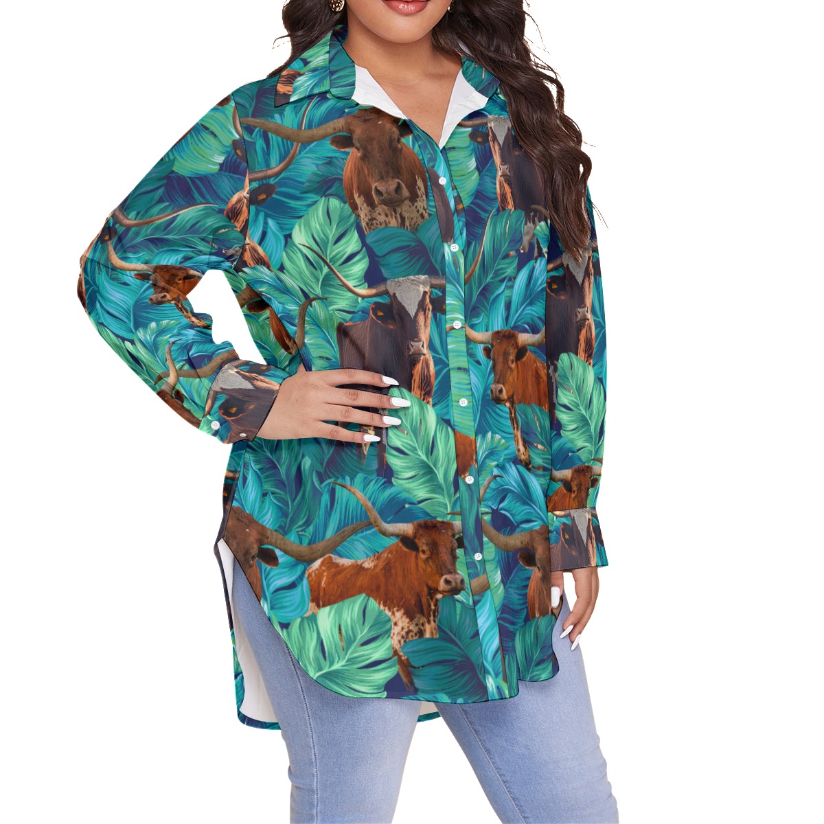 Funny Texas Longhorn Tropical Hawaiian Plus Size Shirt For Women