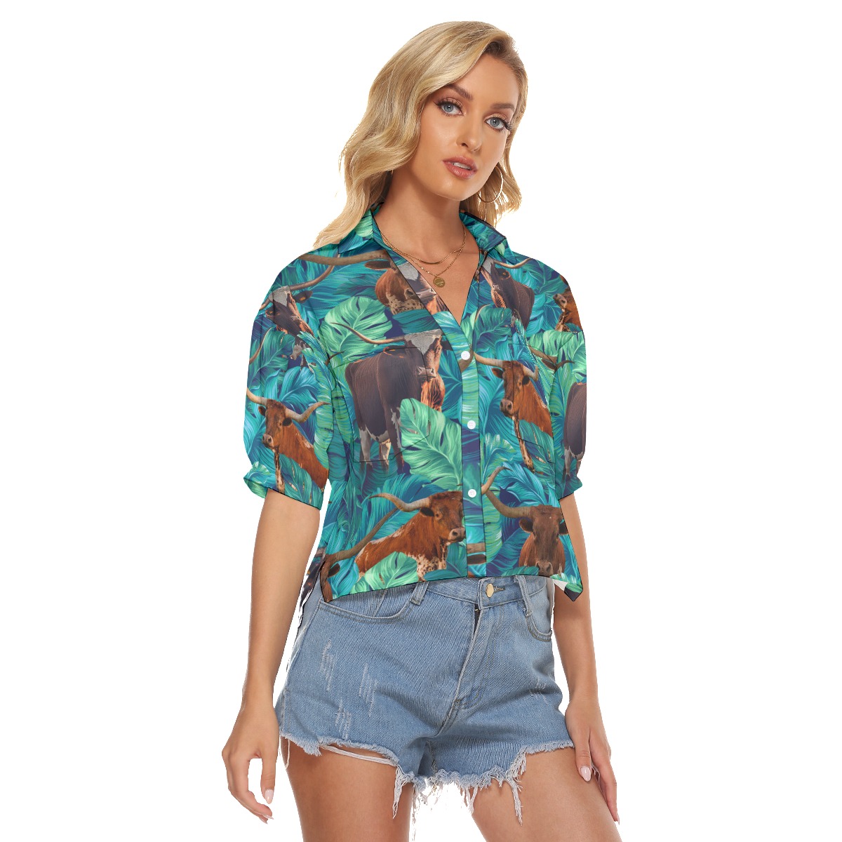 Funny Longhorn Cow Tropical Hawaiian Crop Top Shirt For Women