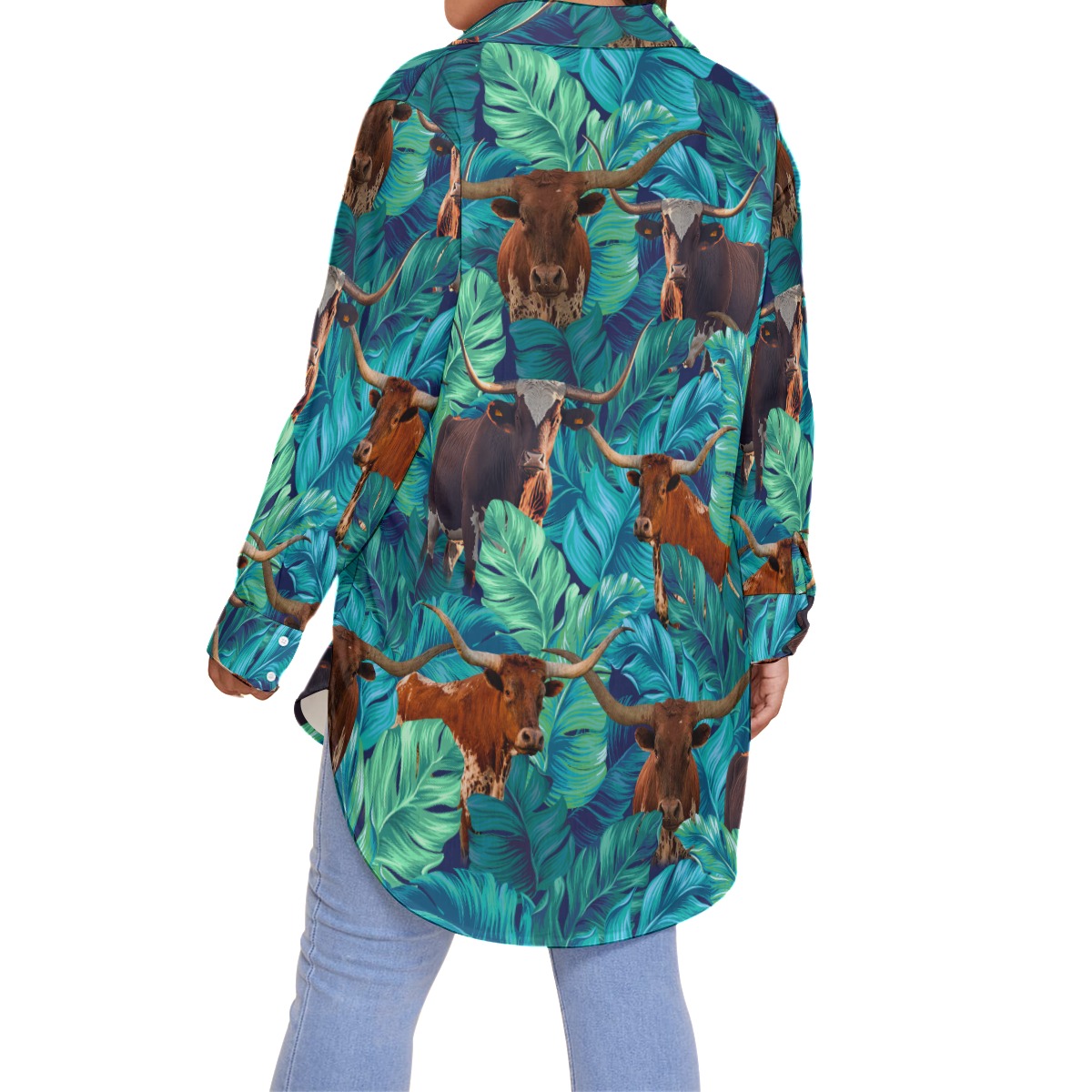 Funny Texas Longhorn Tropical Hawaiian Plus Size Shirt For Women
