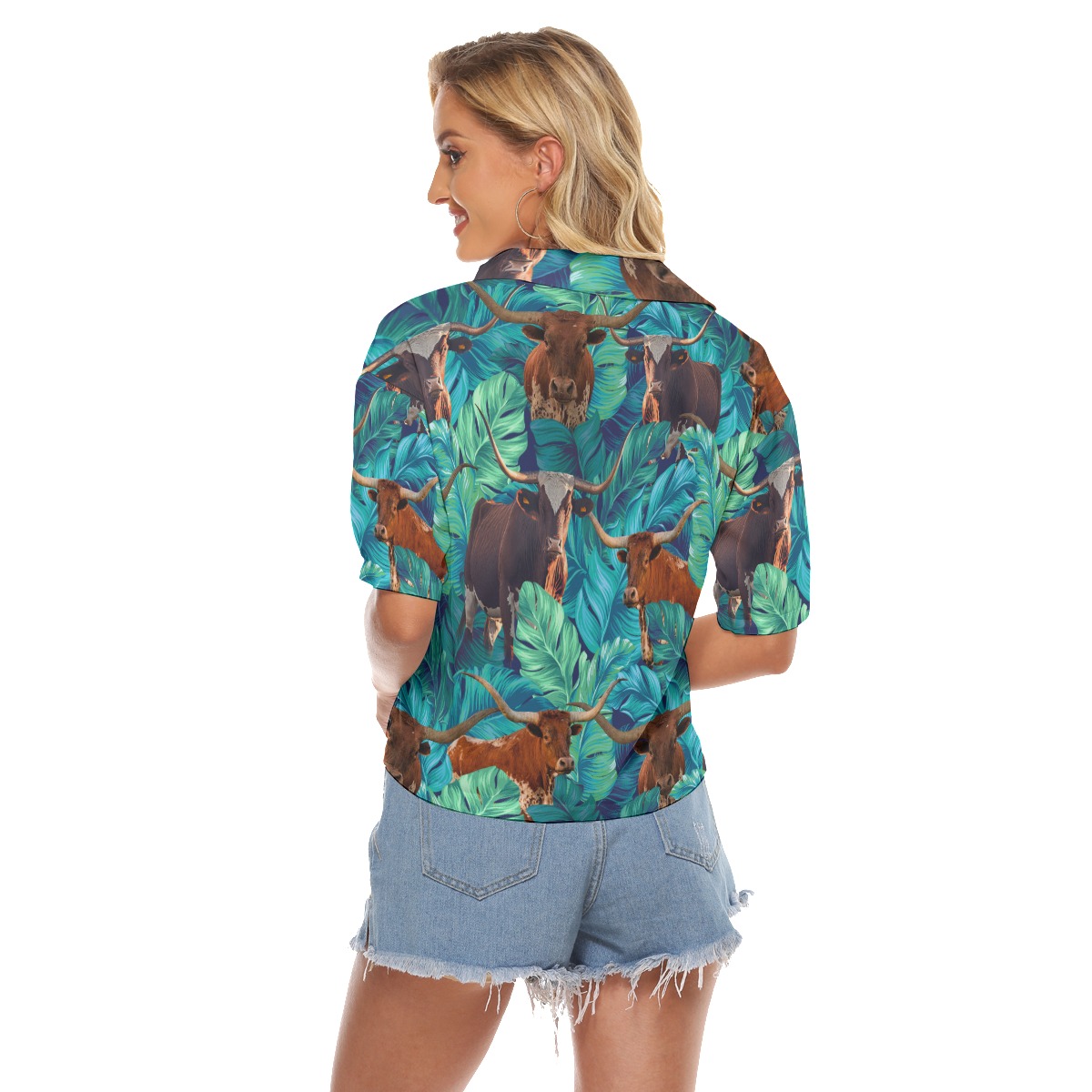 Funny Longhorn Cow Tropical Hawaiian Crop Top Shirt For Women