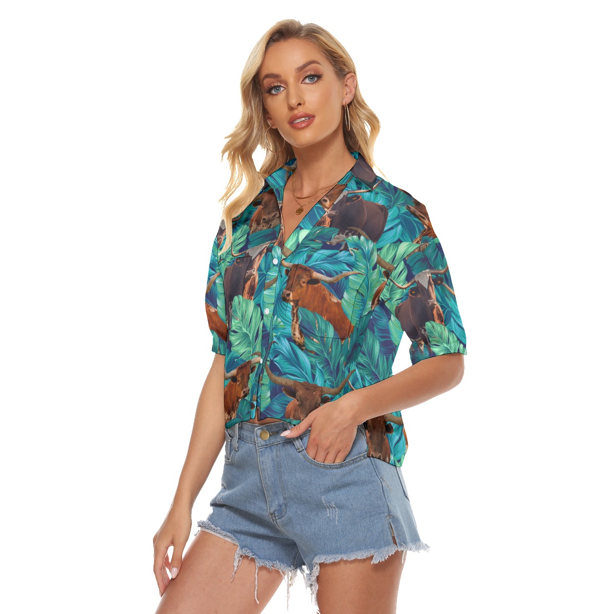 Funny Longhorn Cow Tropical Hawaiian Crop Top Shirt For Women