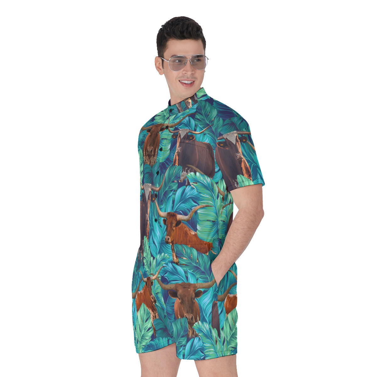 Tropical Longhorn Texas Hawaiian Romper For Men