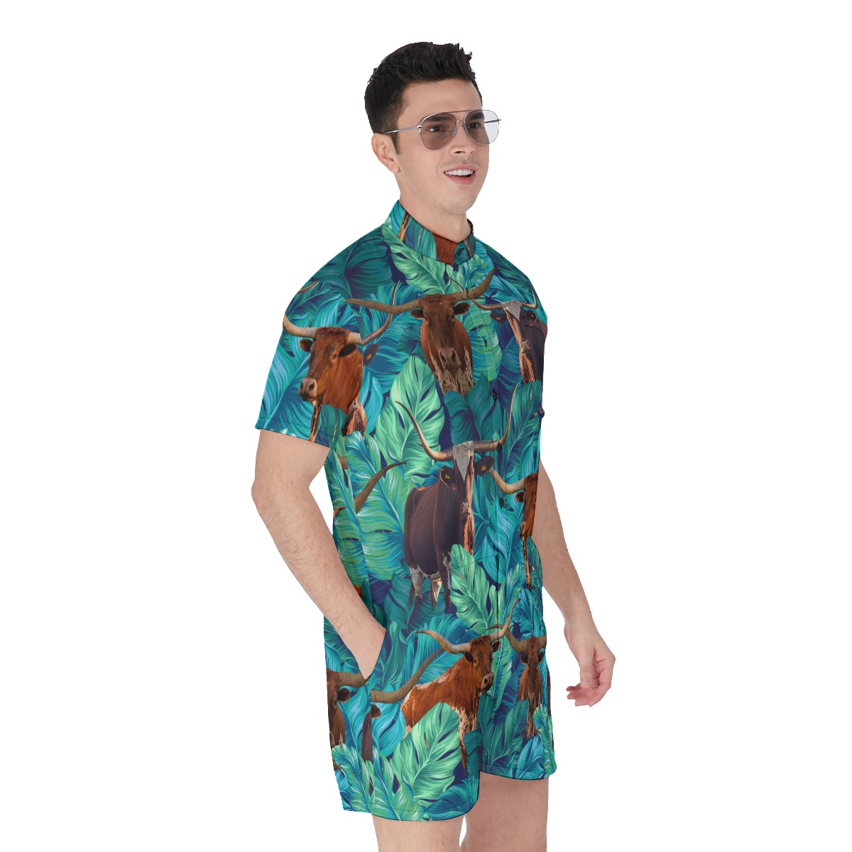 Tropical Longhorn Texas Hawaiian Romper For Men