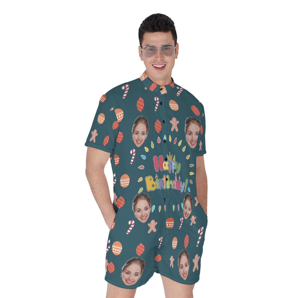 Funny Happy Birthday Custom Face Men's Hawaiian Romper - variant image 1