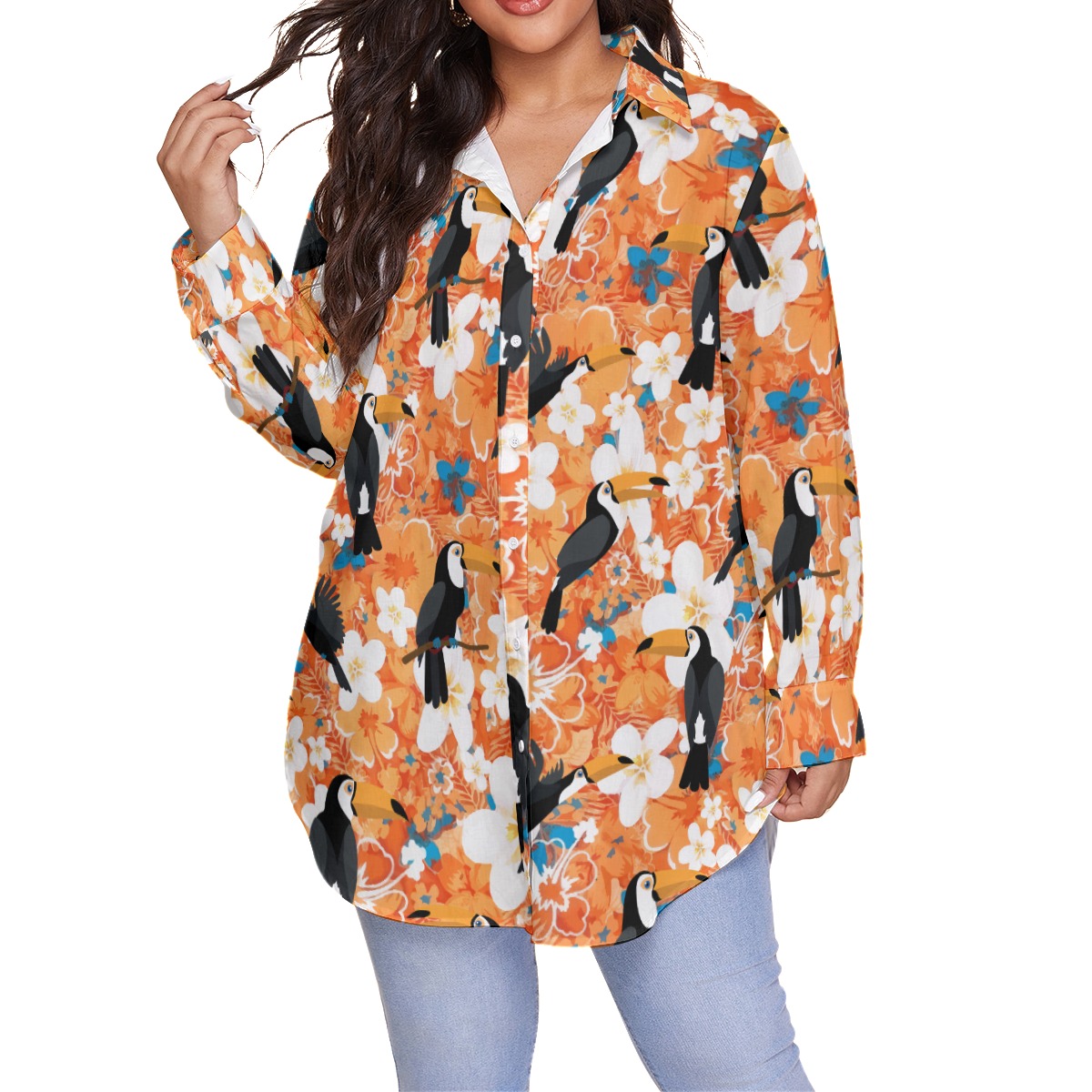 Floral Toucan Orange Hawaiian Plus Size Shirt For Women - variant image 1