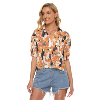 Floral Toucan Orange Aloha Crop Top Shirt