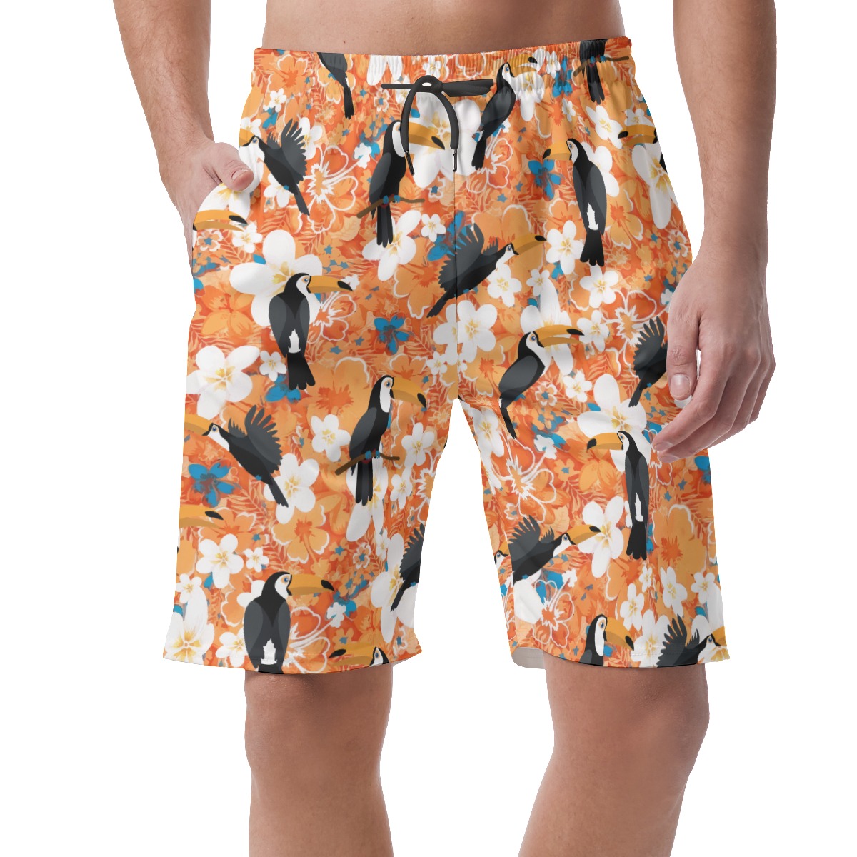 Floral Toucan Orange Hawaiian Beach Shorts For Men - variant image 1